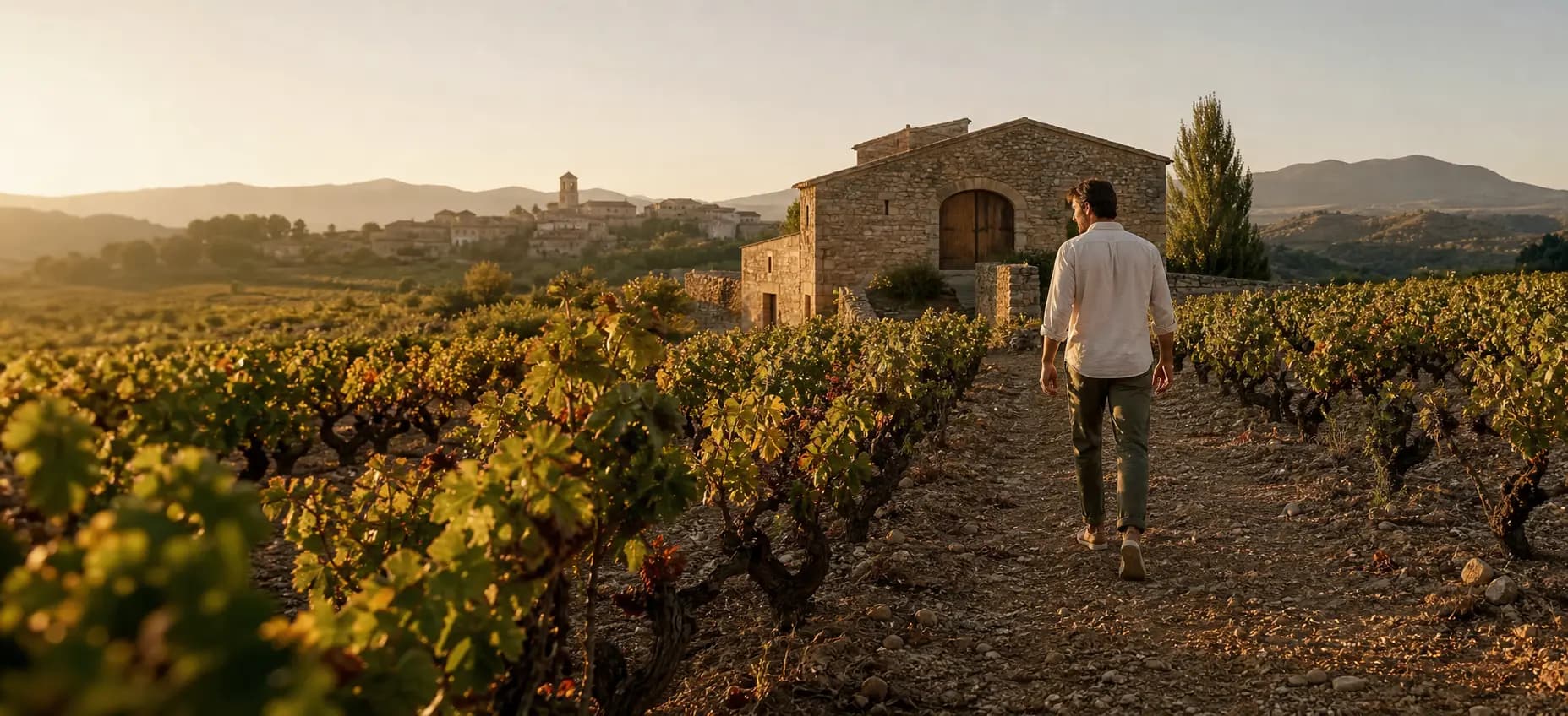Un viajero camina entre viñas hacia una bodega de piedra al amanecer